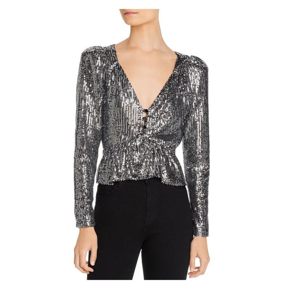 Rahi Womens Silver Sequined Long Sleeve V Neck Party Blouse XS